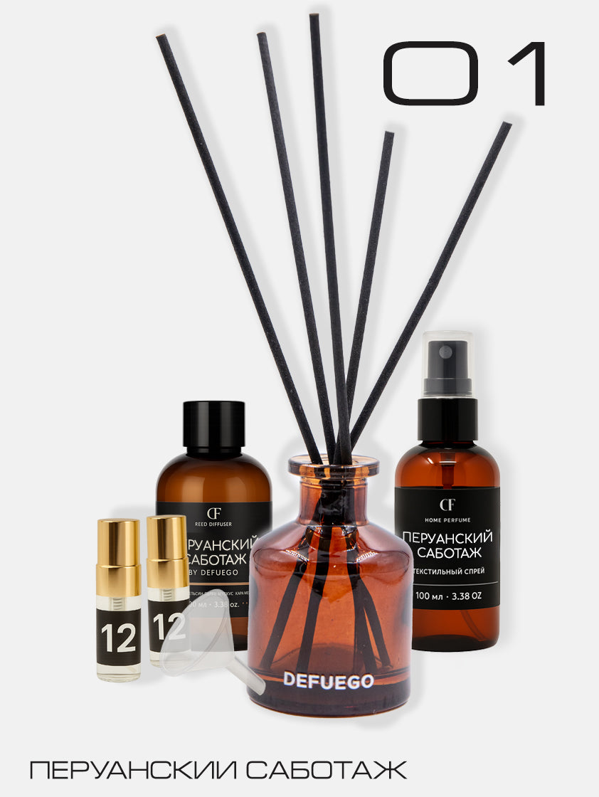 Набор «Перуанский Саботаж»  — диффузор премиум стекло (коричневый) + текстильный спрей